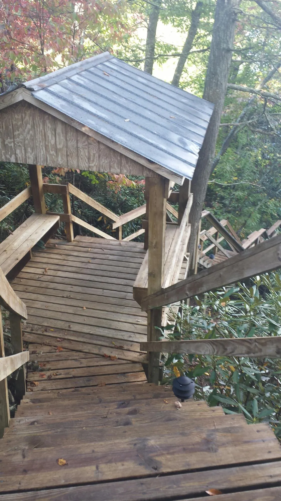 Metal roofed shelter over wooden steps on a wooded walkway — Skylight Repair & Installation work by our crew in Oroville